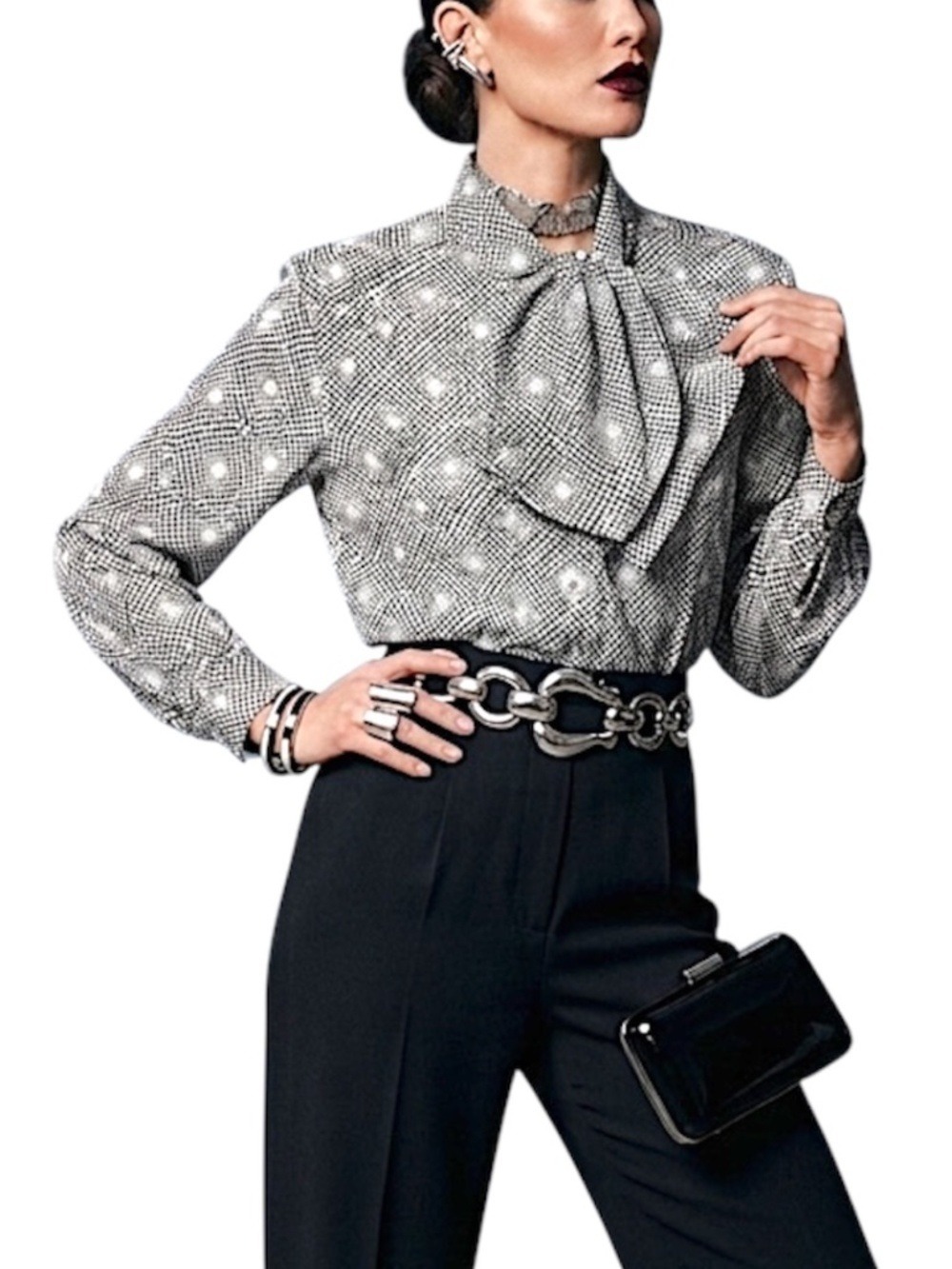 Vtg 80s union made black white abstract geometric print old money jabot blouse